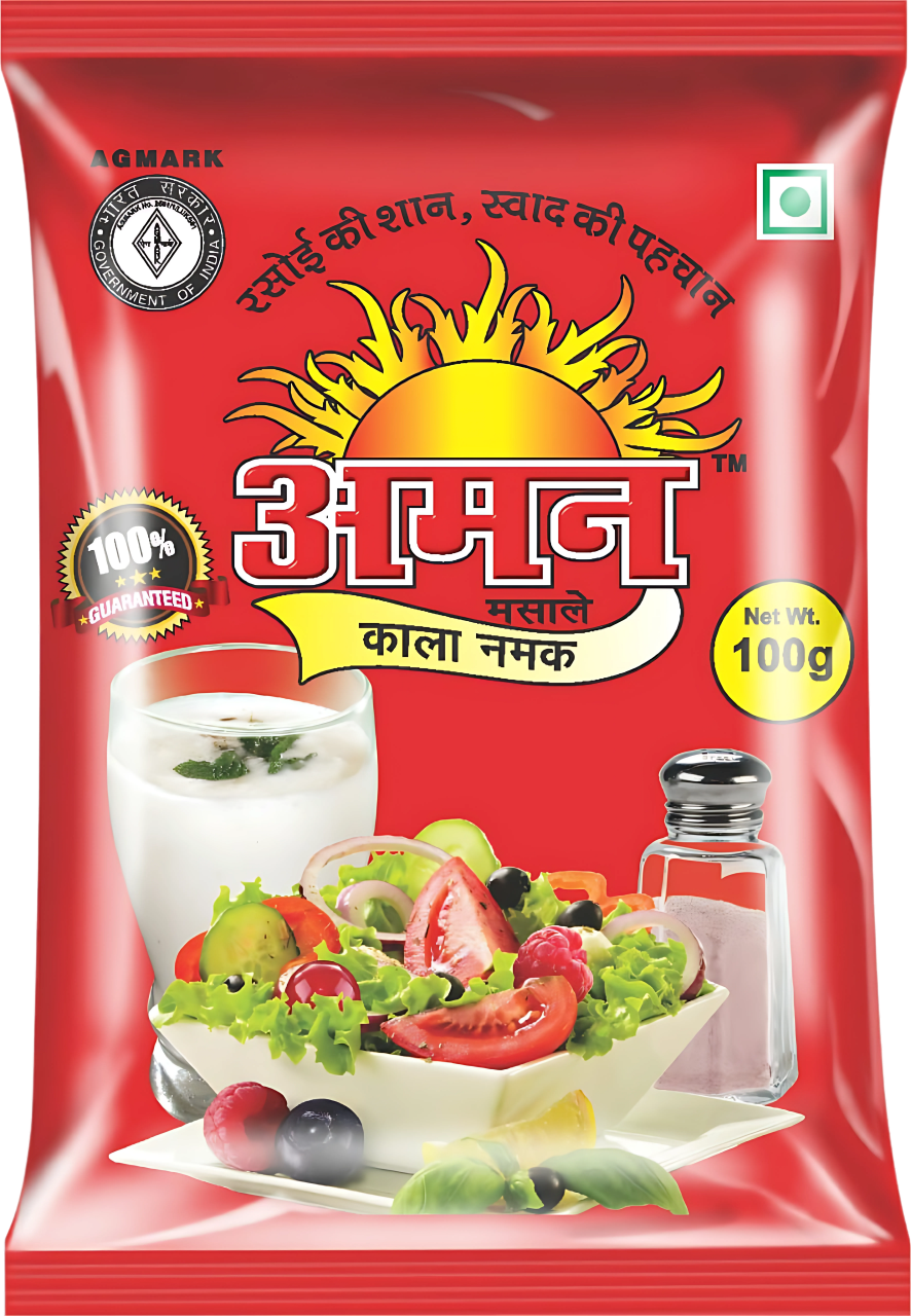 Kala Namak Aman Kala Namak is full of natural qualities. Best for fruit chaat, salads, pani poori, bhel, kachori, samosa & all salty dishes. No Artificial Colour Used.Size: 100gm, 500gm