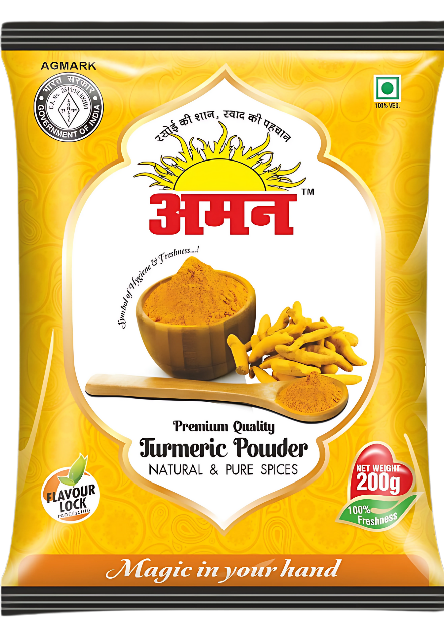 Turmeric Powder ‘AMAN’ Coriander Powder is a perfect blend of garden-fresh aroma and a natural green colour that thickens gravies and gives it an authentic taste. It is widely used to give Indian curries a distinct flavour. It is used for thickening gravies and curries.Sizes: 5Kg, 1Kg, 500gm, 200gm, 100gm, 50gm
