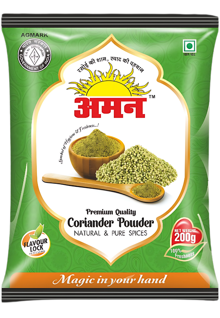 Coriander Powder‘AMAN’ Coriander Powder is a perfect blend of garden-fresh aroma and a natural green colour that thickens gravies and gives it an authentic taste. It is widely used to give Indian curries a distinct flavour. It is used for thickening gravies and curries.Sizes: 5Kg, 1Kg, 500gm, 200gm, 100gm, 50gm