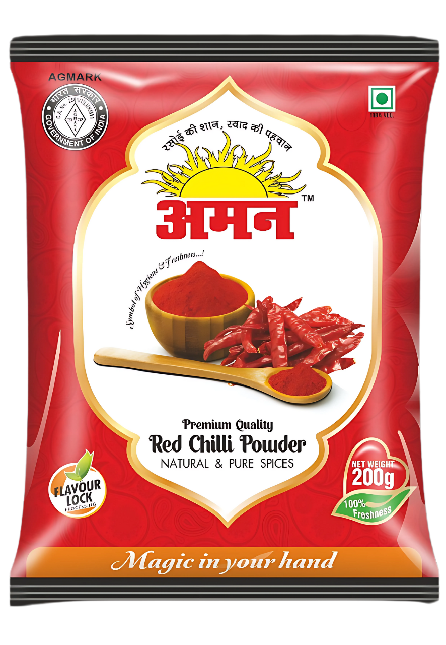 Red Chili Powder Farm-fresh, hygienically ground red chillies.  Strong color and fragrance.  No artificial color used.Sizes: 5Kg, 1Kg, 500gm, 200gm, 100gm, 50gm