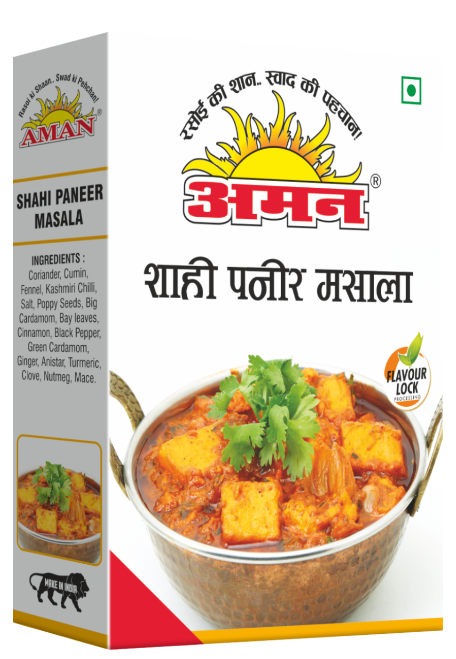 Shahi Paneer Masala  ‘AMAN’ Chhola Masala is a perfect blend of pure spices. It contains pure farm fresh spices blended in the right proportions to enliven and array starters, snacks, chhola, paneer & gourmet dishes.Chhola Masala Sizes: 50g
