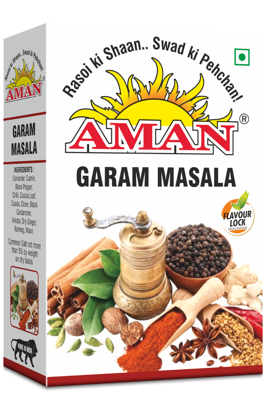 Garam Masala  ‘AMAN’ Garam Masala  is a perfect blend of pure spices. It contains pure farm fresh spices blended in the right proportions to enliven and array starters, snacks, chhola, paneer & gourmet dishes.Chhola Masala Sizes: 1kg, 200gm, 100gm, 50gm