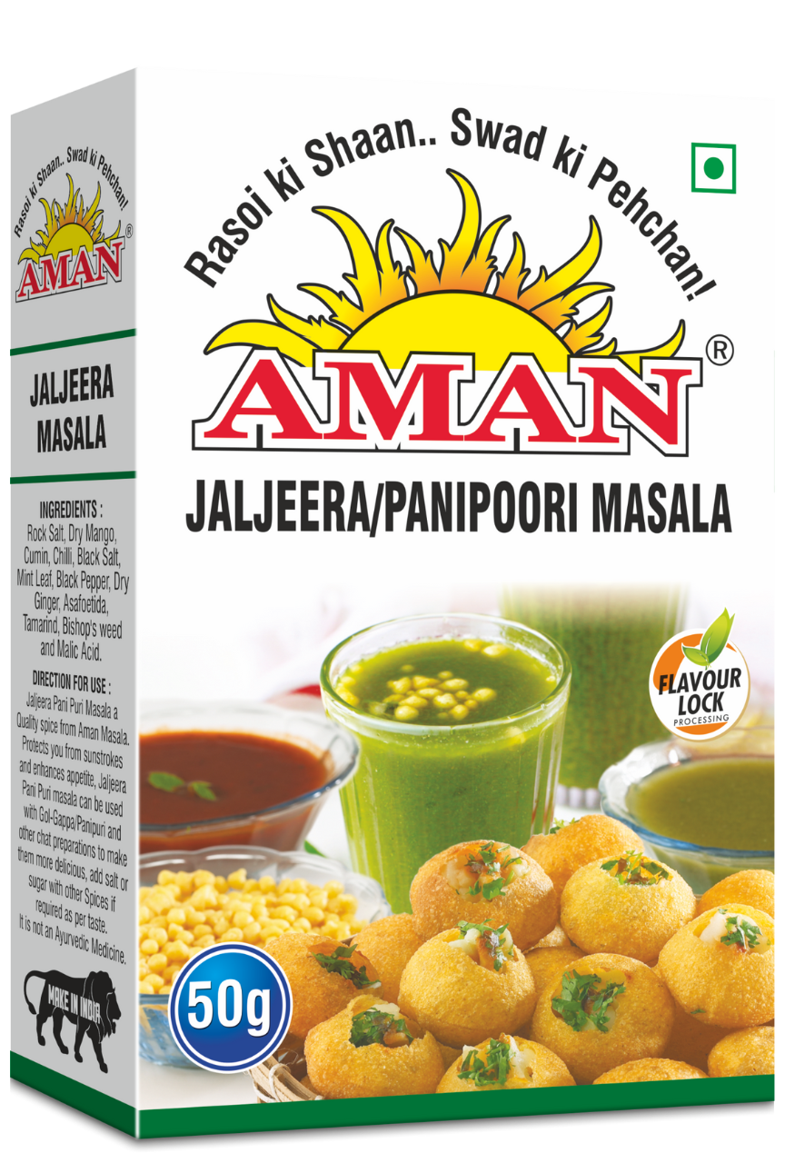 Jaljeera/Panipoori Masala Enhances appetite, protects from sunstroke.  Ideal for gol-gappa, pani poori, and other chaat.  Add salt/sugar to taste.Sizes: 50gm