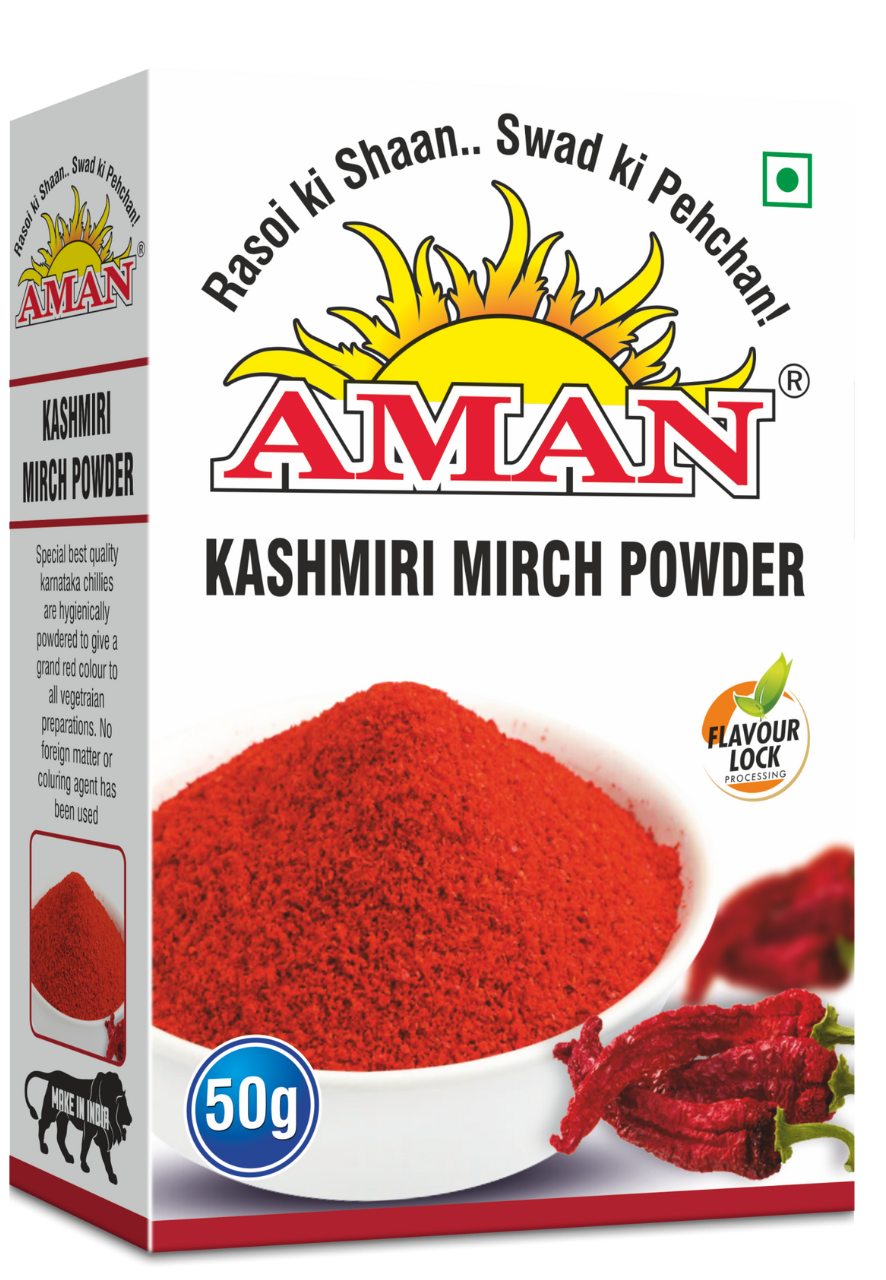 Kashmiri Mirch Powder Farm-fresh, hygienically ground red chillies.  Strong color and fragrance.  No artificial color used.Sizes: 5Kg, 1Kg, 500gm, 200gm, 100gm, 50gm
